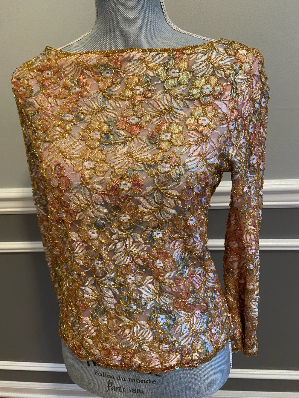 Vintage Beaded Couture Blouse Woman’s Size Medium 1970’s Chiffon Floral Metallic